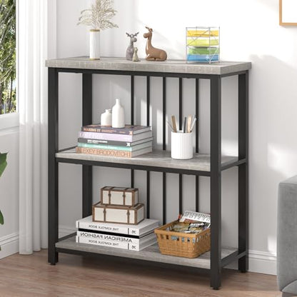 3 Tier Bookshelf, Short Bookcase for Small Space, Modern Wooden and Metal Book Shelf for Living Room Bedroom Office (Light Grey Oak)
