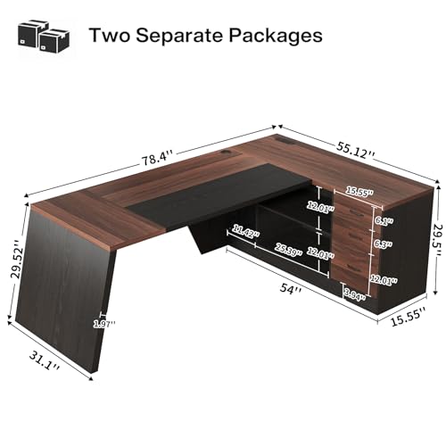 78-Inch L-Shaped Executive Desk with Drawer, Walnut Brown Black, view 3