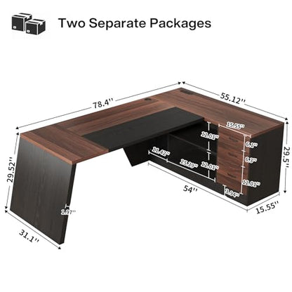 78-Inch L-Shaped Executive Desk with Drawer, Walnut Brown Black, view 3
