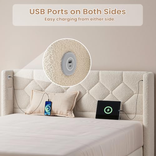 Queen Bed Frame with USB Ports & Storage Pockets, Cream Boucle, view 7