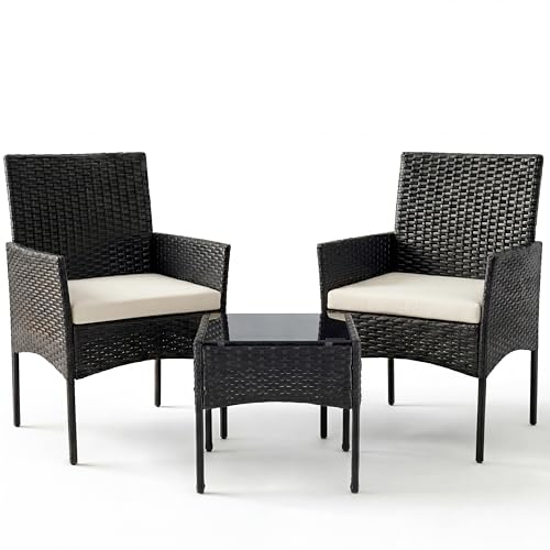 3 Piece Patio Furniture Set, All-Weather Outdoor Conversation with Removable Cushions & Tempered Glass Table, Small Wicker Bistro Set for Balcony, Porch, Backyard, Deck, Black