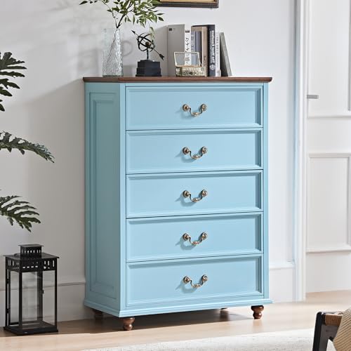 24" Wide Farmhouse Nightstand Set of 2, 54" 7 Drawers Dresser, 45" Tall Rustic Chests of 5 Drawers w/ 4 Solid Wood Feet, Farmhouse Furniture Series for Living Room,Bedroom,LightBlue