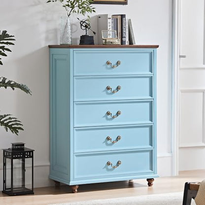 24" Wide Farmhouse Nightstand Set of 2, 54" 7 Drawers Dresser, 45" Tall Rustic Chests of 5 Drawers w/ 4 Solid Wood Feet, Farmhouse Furniture Series for Living Room,Bedroom,LightBlue