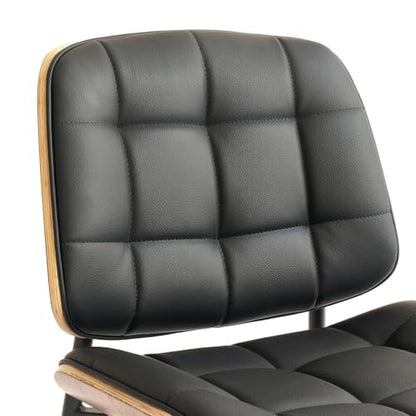 Mid Century Modern Dining Chairs with Walnut Grain Back, Black Faux Leather Dining Room Chairs Set of 2, Checkered Soft Cushion Kitchen Chairs with Adjustable Foot Pads