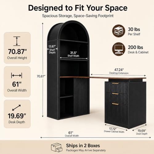 61" L Shaped Desk with Arched Bookshelf Hutch, view 3