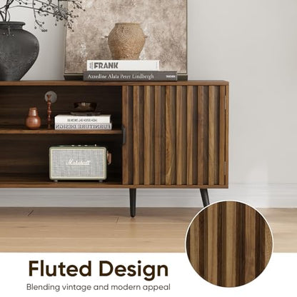 53" Fluted TV Stand with for TVs up to 60 Inch, Entertainment Center with Storage and Adjustable Shelves, Farmhouse Media Console for Living Room, Walnut