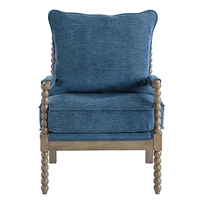 Fletcher Spindle Accent Chair with Rustic Brown Finish, Navy Blue Upholstery