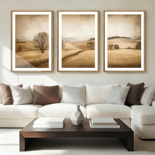 Framed Countryside Wall Art Rustic Village Wall Decor Farmhouse Landscape Art Print Nature Countryside Artwork Rustic Landscape Wall Pictures for Living Room Bedroom Office Farmhouse 16x24 Inches Set of 3 Gift