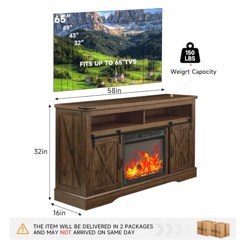 58" Fireplace TV Stand for TV up to 65 Inch with Farmhouse Sliding Barn Doors, view 3