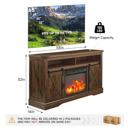 58" Fireplace TV Stand for TV up to 65 Inch with Farmhouse Sliding Barn Doors, view 3