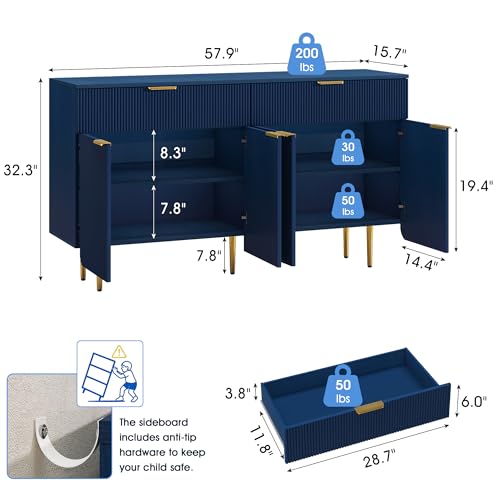 58 Inch Fluted Sideboard Buffet Cabinet with Storage, Blue, view 4