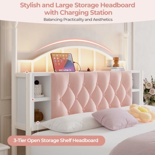 Queen Size Upholstered LED Canopy Bed Frame with 2 Drawers and & Charging, view 6