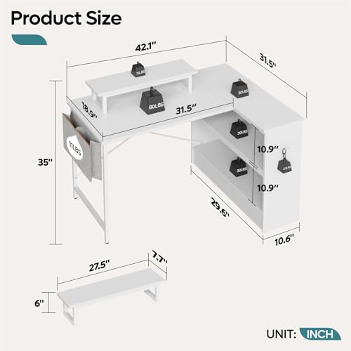 L Shaped Gaming Desk with LED Lights, 42 Inch Computer Desk with Monitor Stand & Open Storage Cabinet,Writing Study Corner Desk for Home Office Bedroom, White