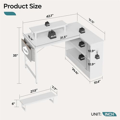 L Shaped Gaming Desk with LED Lights, 42 Inch Computer Desk with Monitor Stand & Open Storage Cabinet,Writing Study Corner Desk for Home Office Bedroom, White