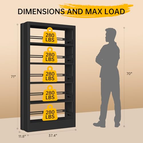 71"H Metal Bookshelf, 5 Tier Bookcase with Adjustable Shelves, Tall Bookcase,Heavy Duty Storage Bookshelves for Library, Office, Bedroom, Living Room, Classroom, Including Book Stopper (Black) | Bookcase