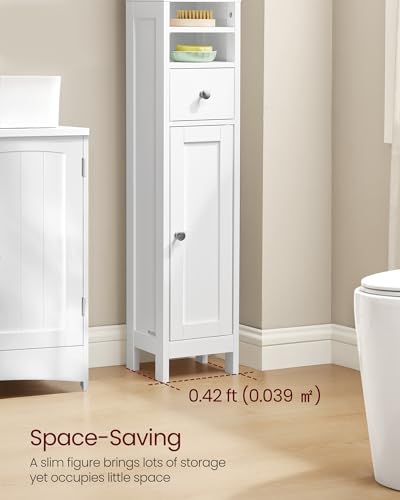 VASAGLE Tall Storage Cabinet, Slim Freestanding Floor Cabinet with Adjustable Shelves, Drawer, Open Compartments, for Small Spaces, Bathroom, Living Room, Modern, Cloud White UBBC765W01