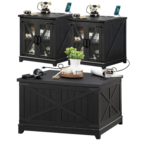 Farmhouse Coffee Table Sets 3 Pieces, Large End Side Tables with Charging Station and Coffee Table with Hidden Storage Compartment, Black Living Room Table Set, Wood Furniture Sets for Home Office