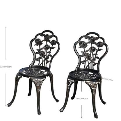 Rose Garden Cast Aluminum Bistro Chairs, Decorative Outdoor Patio Seating, Set of 2, White and Black (Rose Chair Bronze)