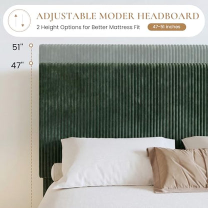 Queen Platform Bed, Adjustable Tufted Corduroy Headboard, Green, view 4