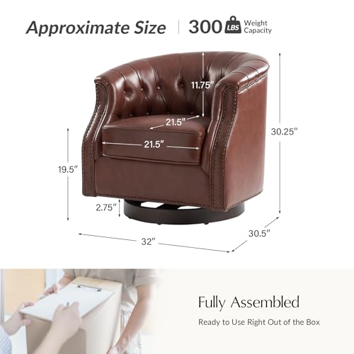Genuine Leather Swivel Accent Chairs Set of 2, Swivel Rocker Barrel Chairs, Traditional Chesterfield Armchairs with Button-Tufted Design, No Assembly Required, Brown