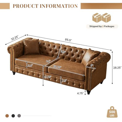 Modern Chesterfield Sofa Couch, 85.5-inch Faux Leather 3-Seater Sofa with Rolled Arms and Tufted Button for Living Room, Office, Brown