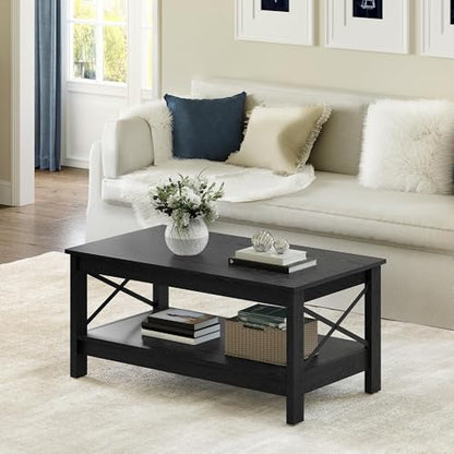 Coffee Table for Living Room, Modern Farmhouse Coffee Table with Storage, 2-Tier Center Table Wood Living Room Table Accent Cocktail with Sturdy Frame, Black