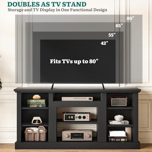 Farmhouse TV Stand with Adjustable Shelves & Open Storage, Black, view 6