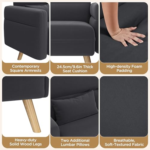 Yaheetech 46" Small Modern Fabric Sofa Loveseat Mid Century 2 Seater Sofa Couch with Lumbar Pillows, Solid Wood Legs for Living Room, Small Space, Dorm, Office, Bedroom, Dark Gray