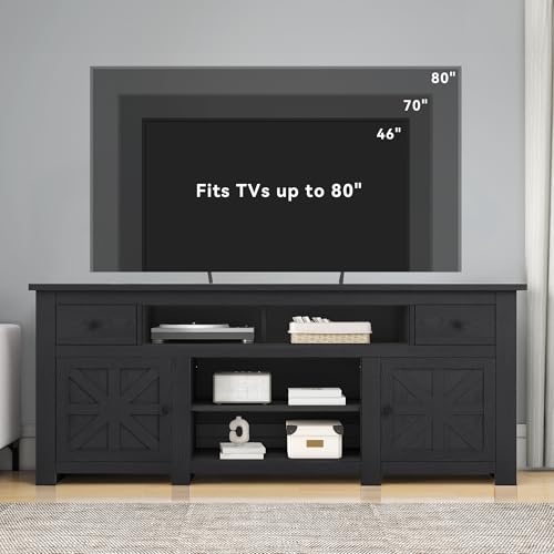 Farmhouse TV Stand with Power Outlet for 75"/80" TVs, Black | Entertainment Centers Furniture, TV Consoles with Storage Drawers, Rustic TV Stands for Living Room