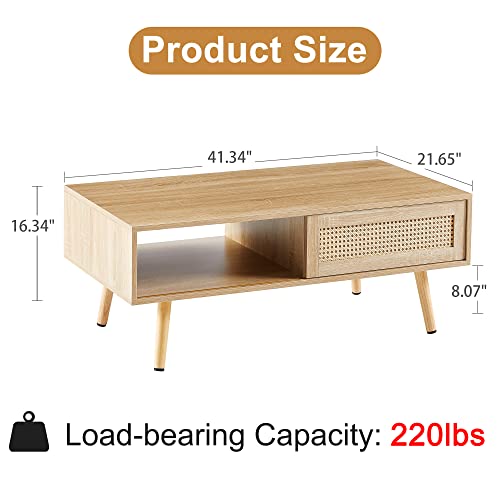 Mid Century Modern Coffee Table with Storage, 41.3 Inch Rectangle Wooden Accent Center Table with Sliding PE Rattan Woven Door Panel and Solid Wood Legs, Suitable for Living Room, Apartment