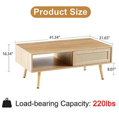 Mid Century Modern Coffee Table with Storage, 41.3 Inch Rectangle Wooden Accent Center Table with Sliding PE Rattan Woven Door Panel and Solid Wood Legs, Suitable for Living Room, Apartment