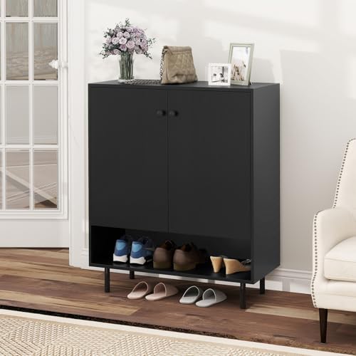 Sideboard Buffet Cabinet, Freestanding Kitchen Storage Cabinet with Doors, Adjustable Shelf & Anti-Tipping Kit, Mid Century Modern Black Buffet Table for Dining Room, Living Room, Entryway