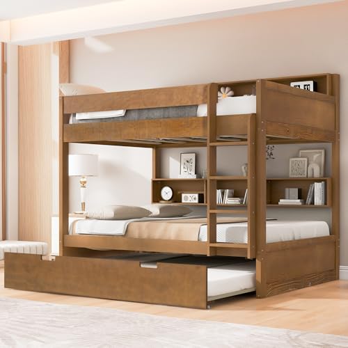 JIVOIT Full Over Full Bunk Bed with Pull-Out Trundle, Space-Saving Wood Bunk Bed Frame with Built-in Storage Shelves, Ladder, Modern Design, No Box Spring Required (Antique Wood/Full,9)