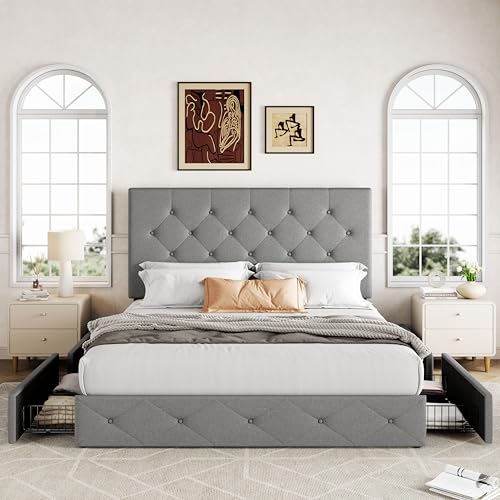 Queen Size Storage Bed Frame with 4 Underbed Drawers, Light Grey, view 4