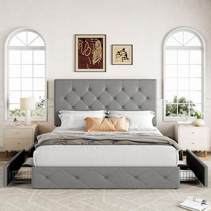 Queen Size Storage Bed Frame with 4 Underbed Drawers, Light Grey, view 4