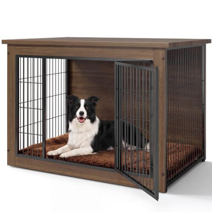 3-in-1 Wooden Dog Crate Furniture, Side Table & Kennel with Cushion, view 2