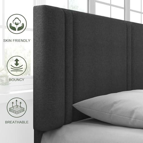 Queen Platform Bed Frame, Fabric Upholstered Queen Bed Frame, view 5