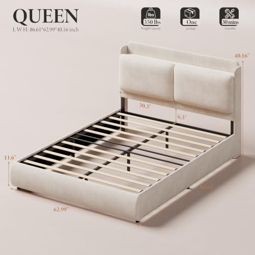 Queen Upholstered Bed Frame with Shelf & Drawers- Beige, view 3