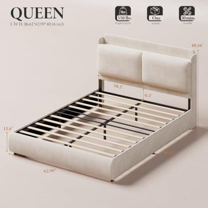 Queen Upholstered Bed Frame with Shelf & Drawers- Beige, view 3