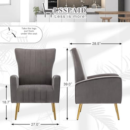 Velvet Accent Chairs Set of 1, Modern Fabric Upholstered Living Room Chairs Armchairs with Wing Back and Metal Legs, Grey