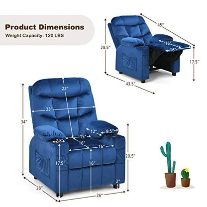 Kids Recliner Chair with Cup Holder, Adjustable Velvet Lounge Chair w/Footrest & Side Pockets for Children Boys Girls Room, Ergonomic Toddler Furniture Sofa Gifts, Kids Recliner (Blue)