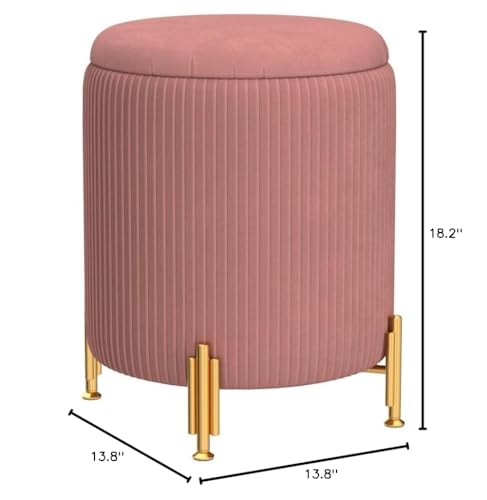 Round Ottoman Foot Stool with Storage and Metal Legs for Living Room Bedroom, Velvet Upholstered Footrest Stool Support 300lbs Modern Padded Seat Ottoman Coffee Table (Dusty Rose)