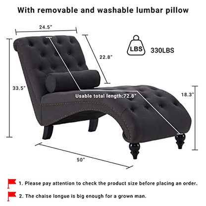 Button-Tufted Chaise Lounge Indoor with Solid Wood Legs & Support Pillow, view 3