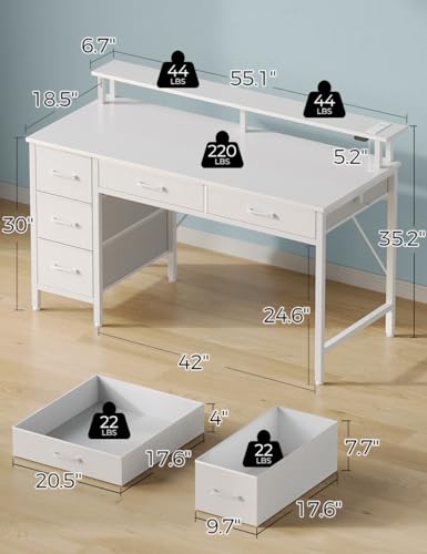 Computer Desk with Power Outlets & LED Light, 55 inch Home Office Desk with 5 Drawers, Writing Desk with Monitor Stand, Work Desk for Home Office, White