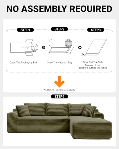 108 Inch Cloud Sectional Couch,Modern Modular Sectional Sofa with Deep Seat,Corduroy Boneless Couches with L-Shape Chaise for Living Room,No Assembly Required (Green, Right Facing Chaise)
