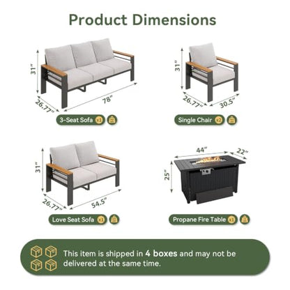 Patio Furniture Set, Aluminum Patio Set with Fire Pit Table and 5" Thicken & Washable Cushion, Waterproof Outdoor Furniture, Outdoor Couch Sectional for Backyard (7 Seats/F, Grey)