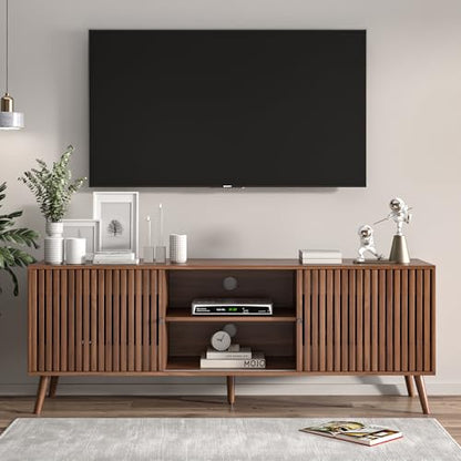 Mid Century Modern TV Stand for Televisions up to 70 Inches, with Sliding Doors and Storage, Television Stands, TV Consoles, Media Consoles for Living Room, 63 Inch (Walnut)