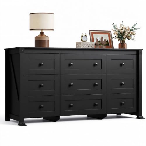9 Drawer Dresser Black, 62" Wide Wooden Chest with Anti-Tip Structure, view 2