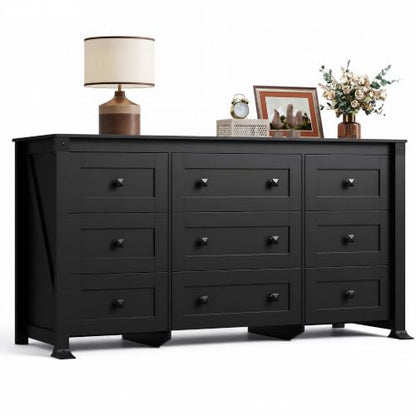 9 Drawer Dresser Black, 62" Wide Wooden Chest with Anti-Tip Structure, view 2
