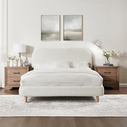 FLEXISPOT Queen Size Boucle Bed Frame with Charging Station&Light, White, view 2